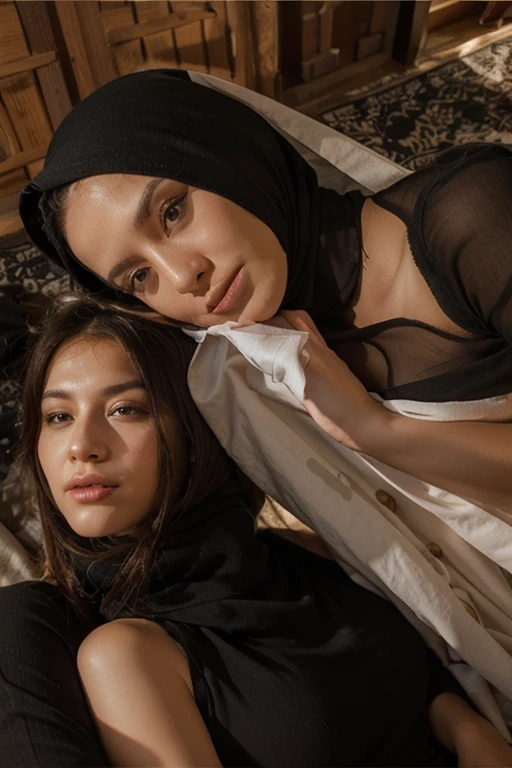 a beautiful Indonesian woman wearing a hijab, slim, 32 years old wearing a robe with the buttons open, visible bra, is having sex with a 14 year old teenage boy on a bed, in a room with wooden plank walls, at night