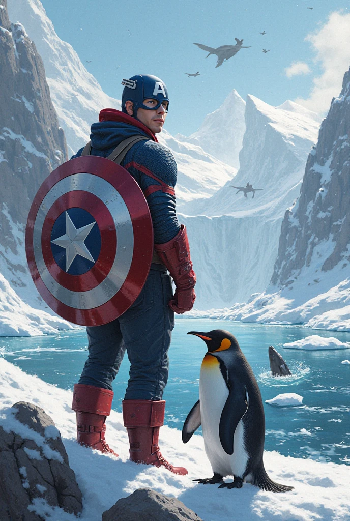 A penguin smoking a derb while skateboarding on the beach,in this a plane is falling and the hulk