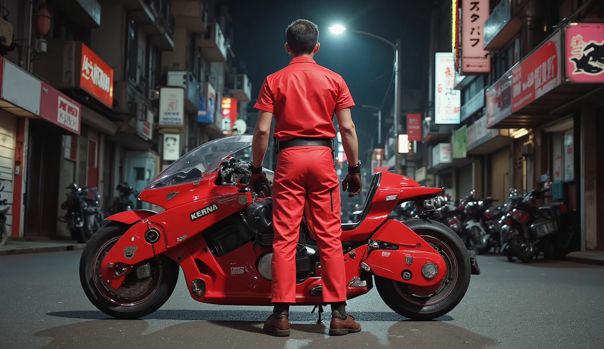 8,000 , masterpiece , Danny,Highest Quality, Medium shot, Back View,1Man,standing,Man's side head,is parked in front of the man in front of him in the same style as Akira's Kaneda one-piece work suit+++,non-high neck design,short-sleeve red leather jacket+,red long Leather Pants,brown black long leather boots, non-high neck base layer, narrowed waist with ribbed texture, black belt with polished chrome buckles, black gloves , 男人前面停着一辆akira bike,akira bike,cyberpunk fashion design, neon lighting, --no armor mechanical robot --ar 3:4 -- in 6,midnight, Cyberpunk empty street scene,Wet,