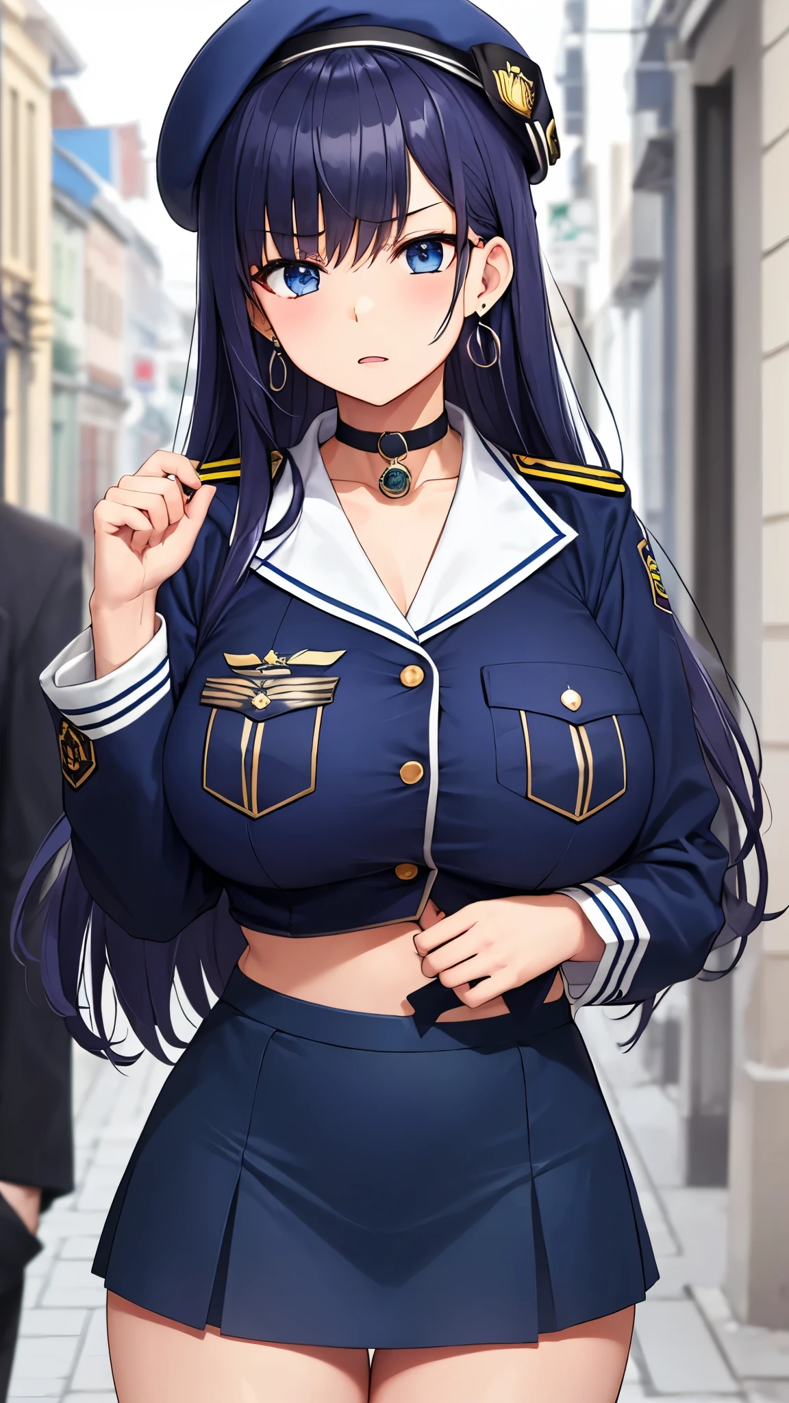 One adult woman, In the crowd, Laura S... Alseid (Long dark blue hair, Ponytail and side bangs, Huge ), (Inspired by the cold steel road) M-shaped legs,Plain white pantiese Military Academy, Embarrassing,A lot of people looking at her々,Looking away,Nipples,publicd in public