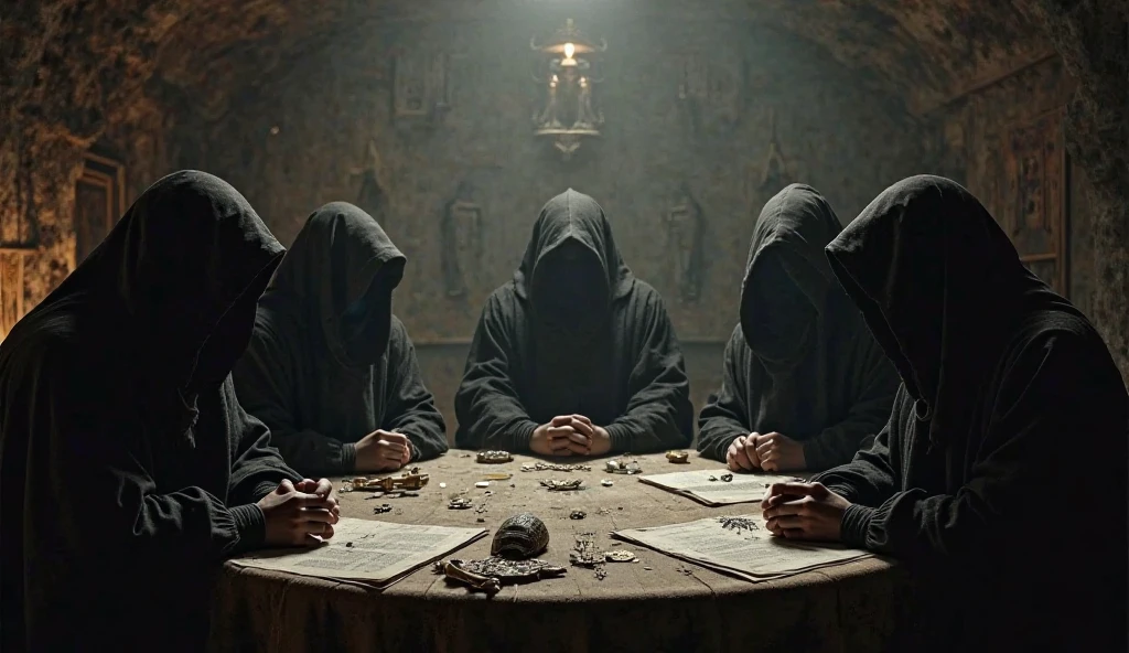 Close-up shot, Low angle shot, a candlelit room where five man sitting, full faces serious and determined  look at the viewer, wearing culthu robe with hood, the table covered with maps, books, and a glowing mysterious symbol. in the background representing the culthu influence. The contrast between the calculated plotting and creates a sense of tension and mystery, leaving the viewer questioning the true nature of the Illuminati.) unreal engine, cinematic, hyper-real, highly detailed, Ultra realistic HD --q 2 --v 6.1 --ar 9:16