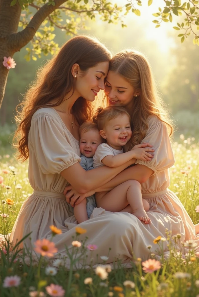A red-haired woman watching two little children playing and she sitting in a garden surrounded by white roses and a black-haired man playing with her and the children