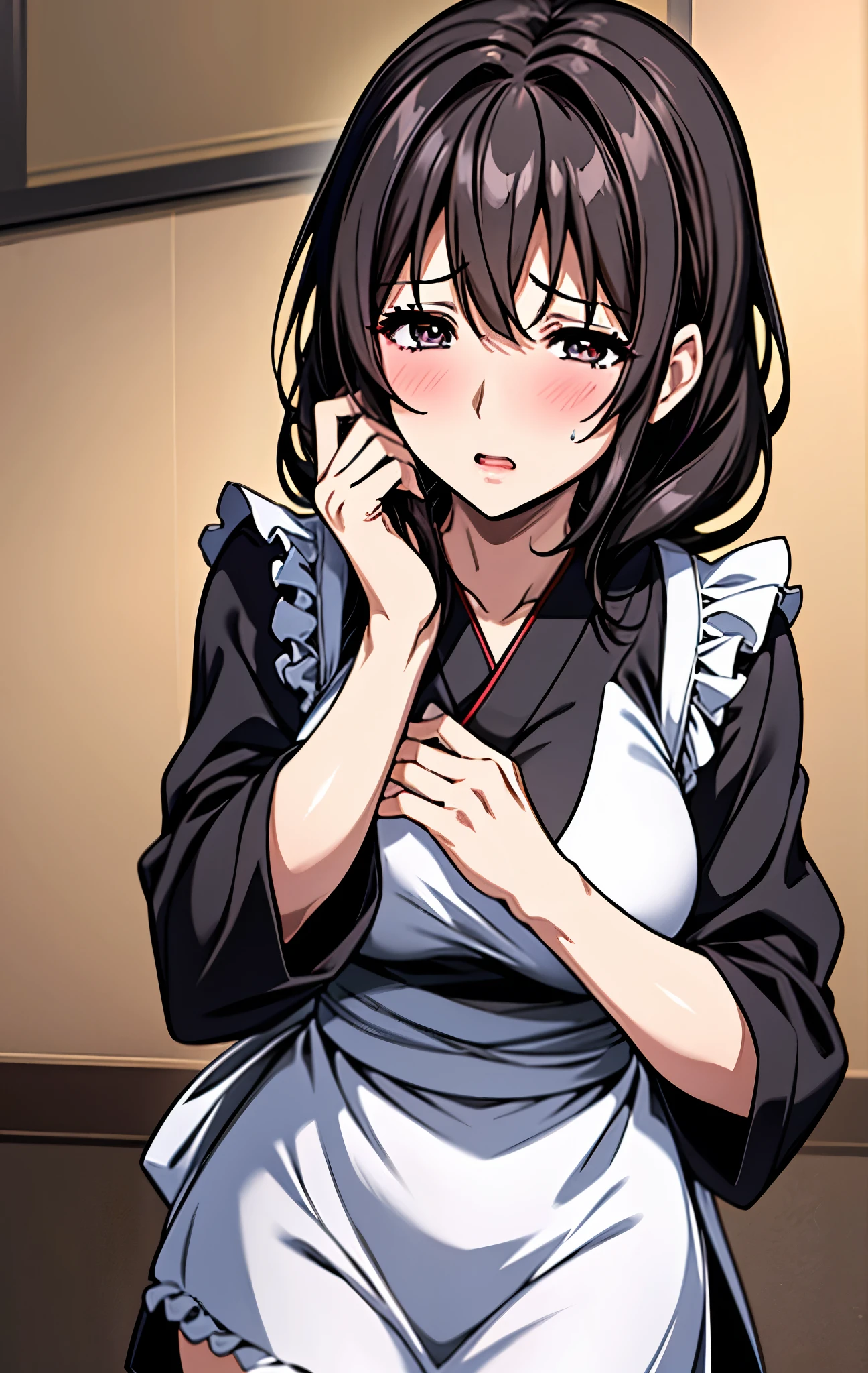 Japanese、40age、Mature Woman、 black hair、Maid、黒Maid服、白Maidエプロン、miniskirt、I'm sweating all over my face、sexy look、fascinated eyes、
