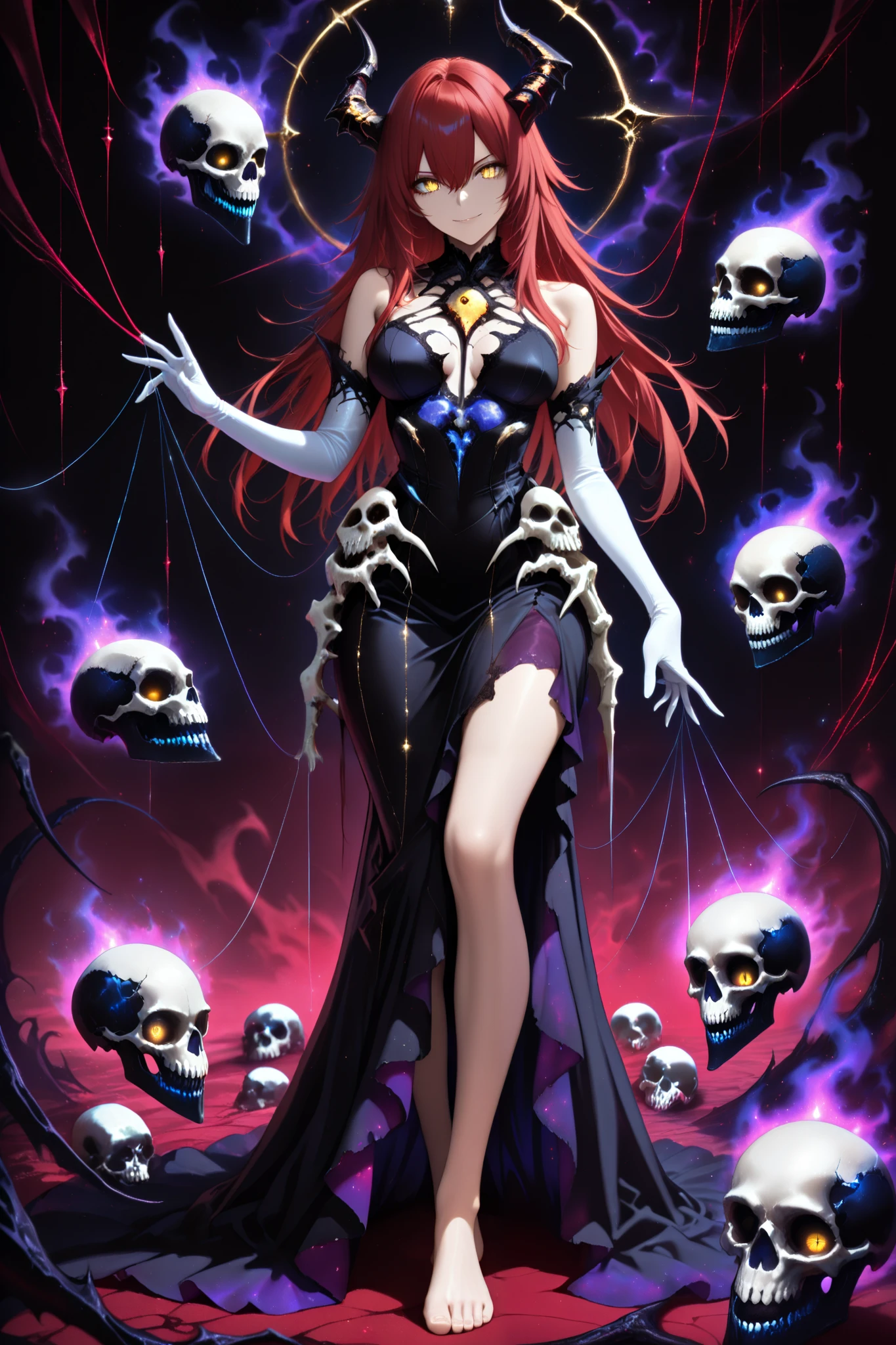 (masterpiece) , (highest quality) , (very detailed) , (the best shape) , (absurd) , (so beautiful) , (perfect anatomy), (perfect clear eyes), 1girl,red hair, long hair, golden eyes , long hair , gloves, standing, solo, looking at viewer, barefoot ,dress, demon girl, white gloves, hair between eyes , bare shoulders, smile, skull, slit pupils, elbow gloves ,necromancer, black corsage dress, laced, bound, purple dark aura, puppeteer, thin silver string comes out of her fingers, , puppet strings