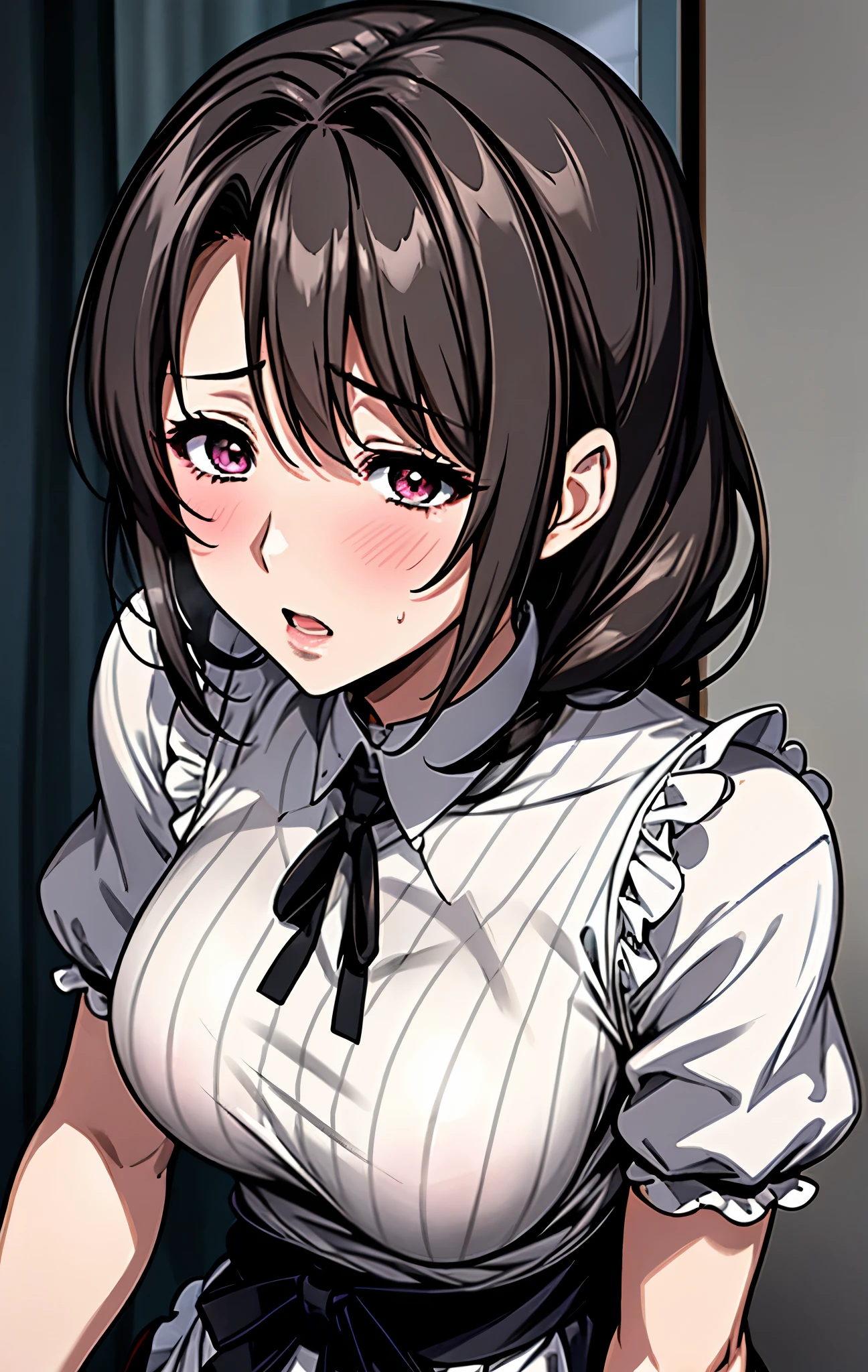 Japanese、40age、Mature Woman、 black hair、Maid、黒Maid服、白Maidエプロン、miniskirt、I'm sweating all over my face、sexy look、fascinated eyes、