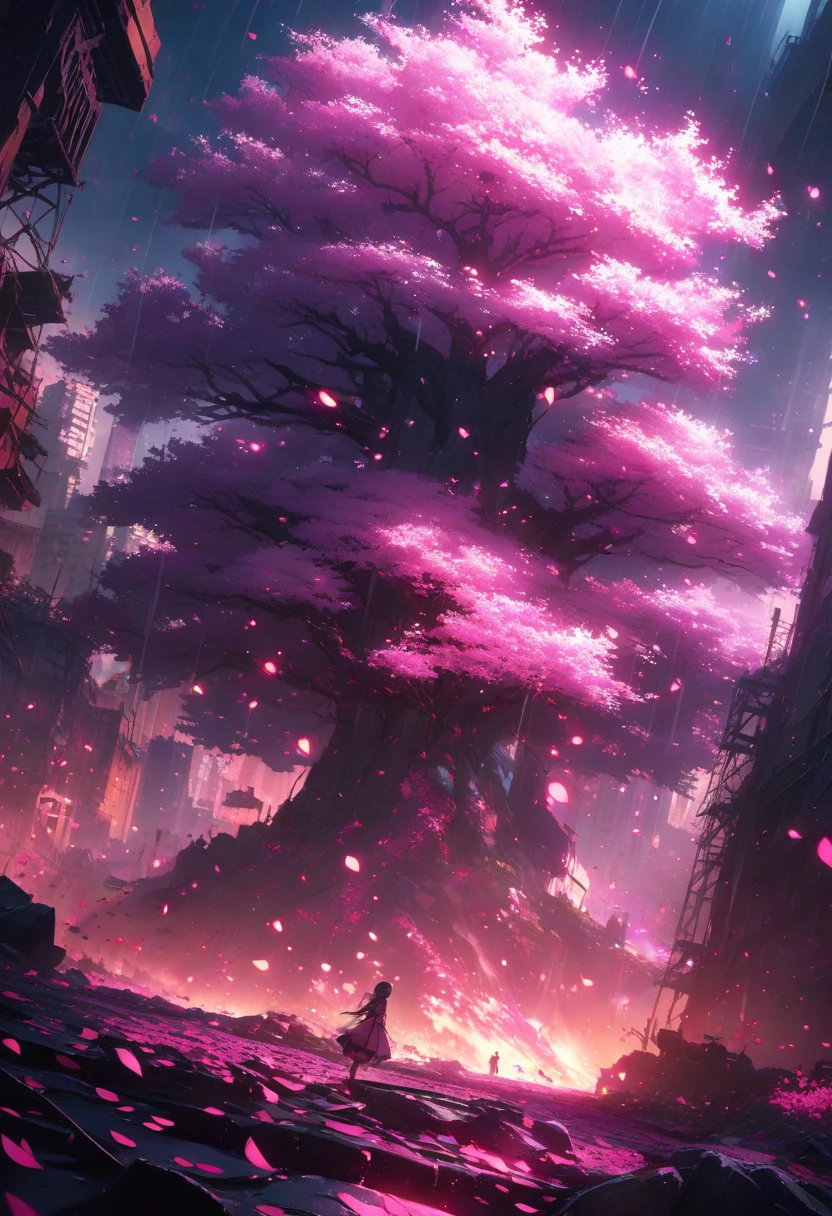 ultra detailed, absolutely resolution, masterpiece, highly detailed, sharp focus, vivid colors, soft lighting, cinematic composition, a huge and magnificent cherry tree, with countless hot pink cherry blossom petals dancing around it on a whirlwind, illuminated by a ray of light from the sky, creating a fantastical and mysterious scene, in the background, a dark, abandoned city, and heavy rain, and rubble