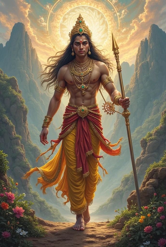 Create an image of Lord Balarama, a prominent figure in Hindu mythology. He is depicted as a strong, fair-skinned man with a muscular build. He should have a serene expression and be wearing traditional attire, including a yellow dhoti and a crown adorned with jewels. He holds a plow (hala) in one hand and a mace (gada) in the other. His body is adorned with various ornaments, and he stands in a posture that exudes strength and grace. The background can include lush, pastoral scenes or divine landscapes."