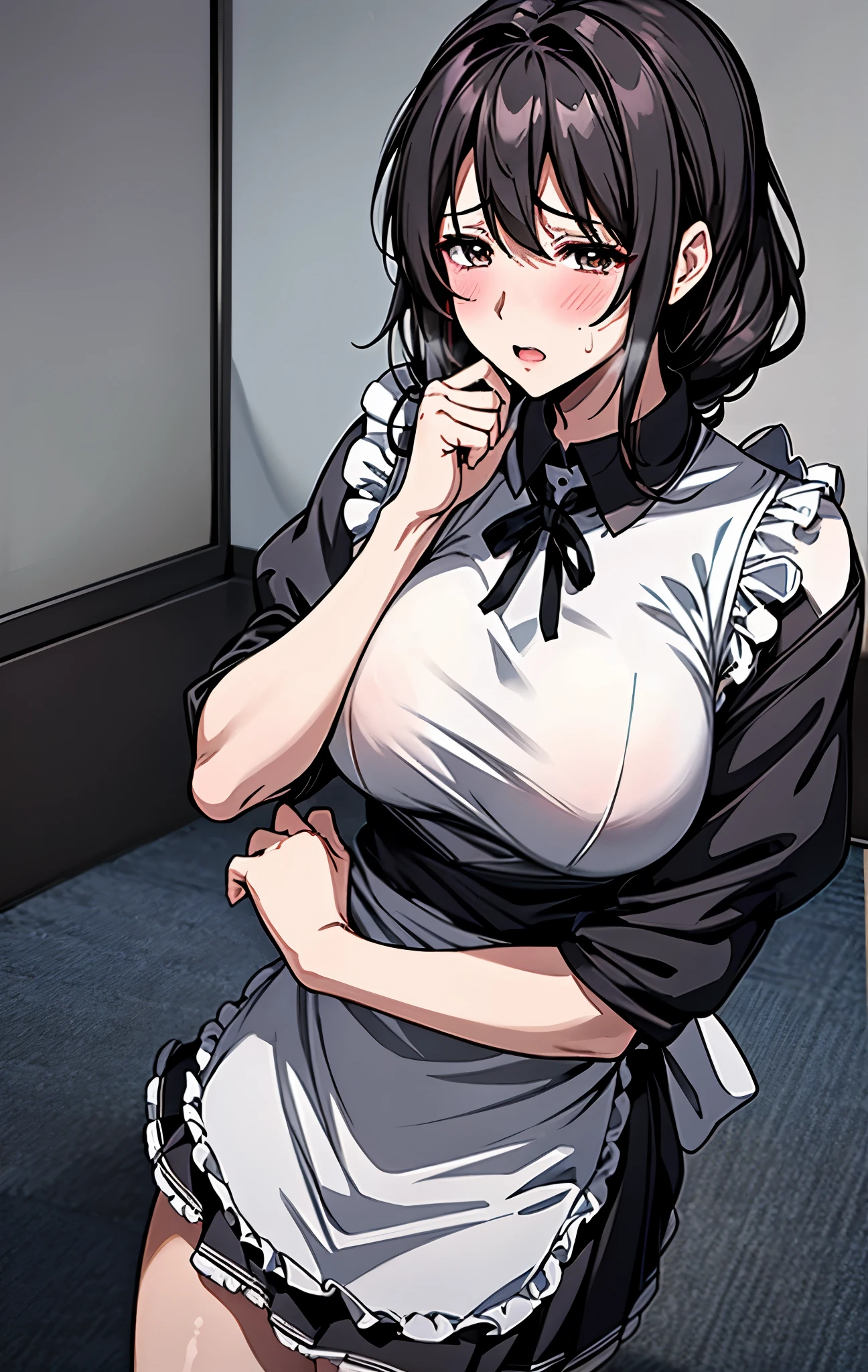Japanese、40age、Mature Woman、 black hair、Maid、黒Maid服、白Maidエプロン、miniskirt、I'm sweating all over my face、sexy look、fascinated eyes、