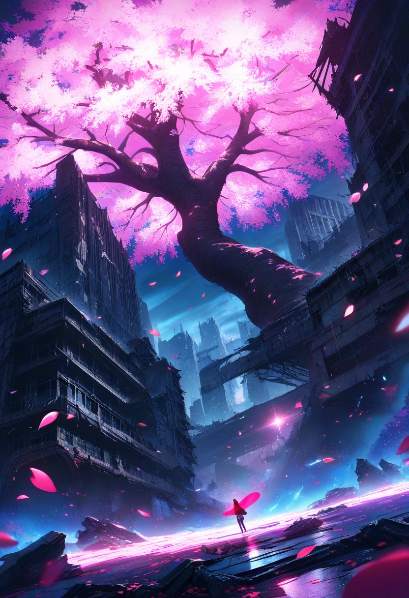 ultra detailed, absolutely resolution, masterpiece, highly detailed, sharp focus, vivid colors, soft lighting, cinematic composition, a huge and magnificent cherry tree, with countless hot pink cherry blossom petals dancing around it on a whirlwind, illuminated by a ray of light from the sky, creating a fantastical and mysterious scene, in the background, a dark, abandoned city, and heavy rain, and rubble