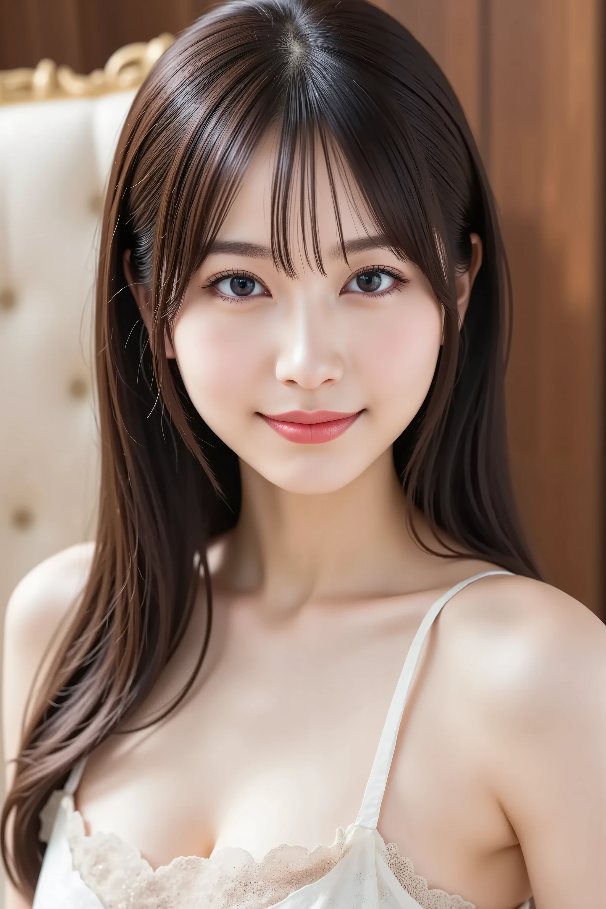 masterpiece, with the face positioned accurately in the center of the image, fine, clean skin、Chori blouse, sofa background、long black hair, Bangs, smile, 8k