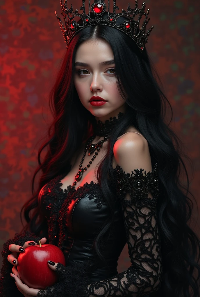 A woman with long black hair, pale skin, fierce face, wearing a red dress, white eyes, long nails, a small tattoo, and a crow on her shoulder.