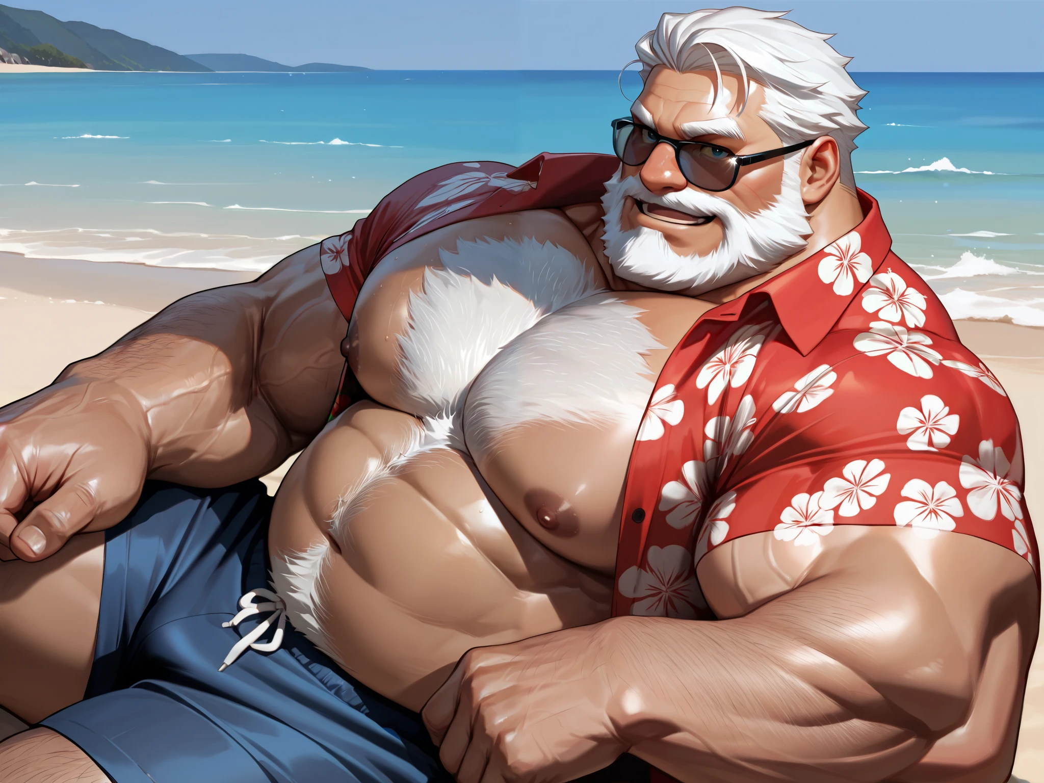 1boy, 1man, solo, gigantic, hyper detailed, (topless, shirtless, shorts), well-muscled old man, bearded. ((extremely huge muscular, massive muscular, extremely muscle size, super thick arms, huge pec, hyper pec, bigger chest, extremely wide pectoral , huge arms)), wide smiling. Add textures and details to make the image more realistic, such as the appearance of the. Make sure the resulting image is high resolution, 8K quality