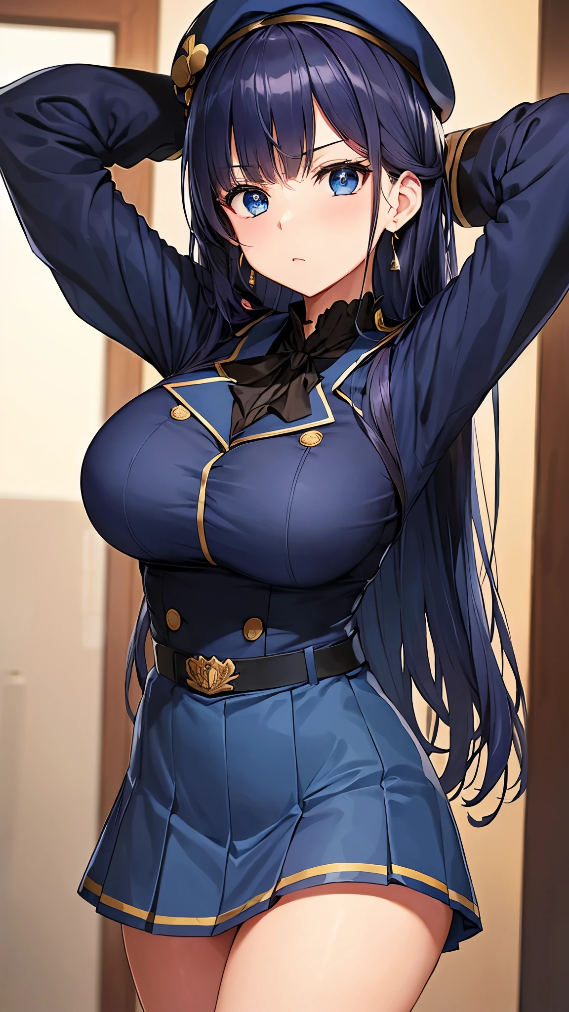 masterpiece, highest quality, Super detailed、1 girl、police officer、短いblack髪、Restricted hat、wear a hat、blackい瞳、smiling face、narrow eyes、big breasts、black　body suit、whole body、black　pantyhose、whole body、Are standing、light blue shirt、black　boots、belt　Large buckle、holster、High leg、modern office、coffeeタンブラーを持つ、coffee、police badge