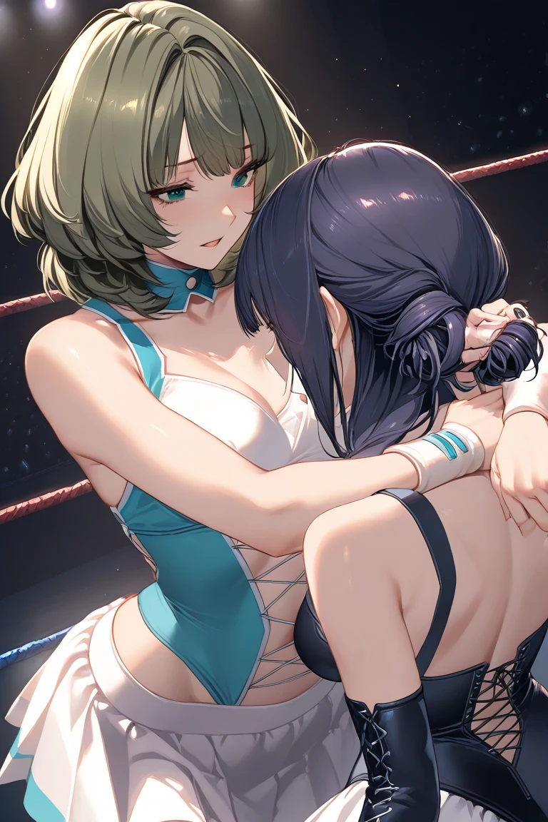 Best Quality, Photorealistic, 8K, hight resolution, fulcolor, 1Beautiful woman with good style, , 20yr old female, (Closed mouth:1.73), (Skindentation), (Portrait:0.6),Inside Pro Wrestling, ((professional wrestling:1.52)), fulcolor, ((Pink and light blue, The bikini, a miniskirt,Made of black leather, Braided, Knee, long boots :1.58)), Overlooking:1.8, (1girl eyes looking at viewer:1.55), (Long Hair, Dark hair, parted hair:1.45), (Bokeh),