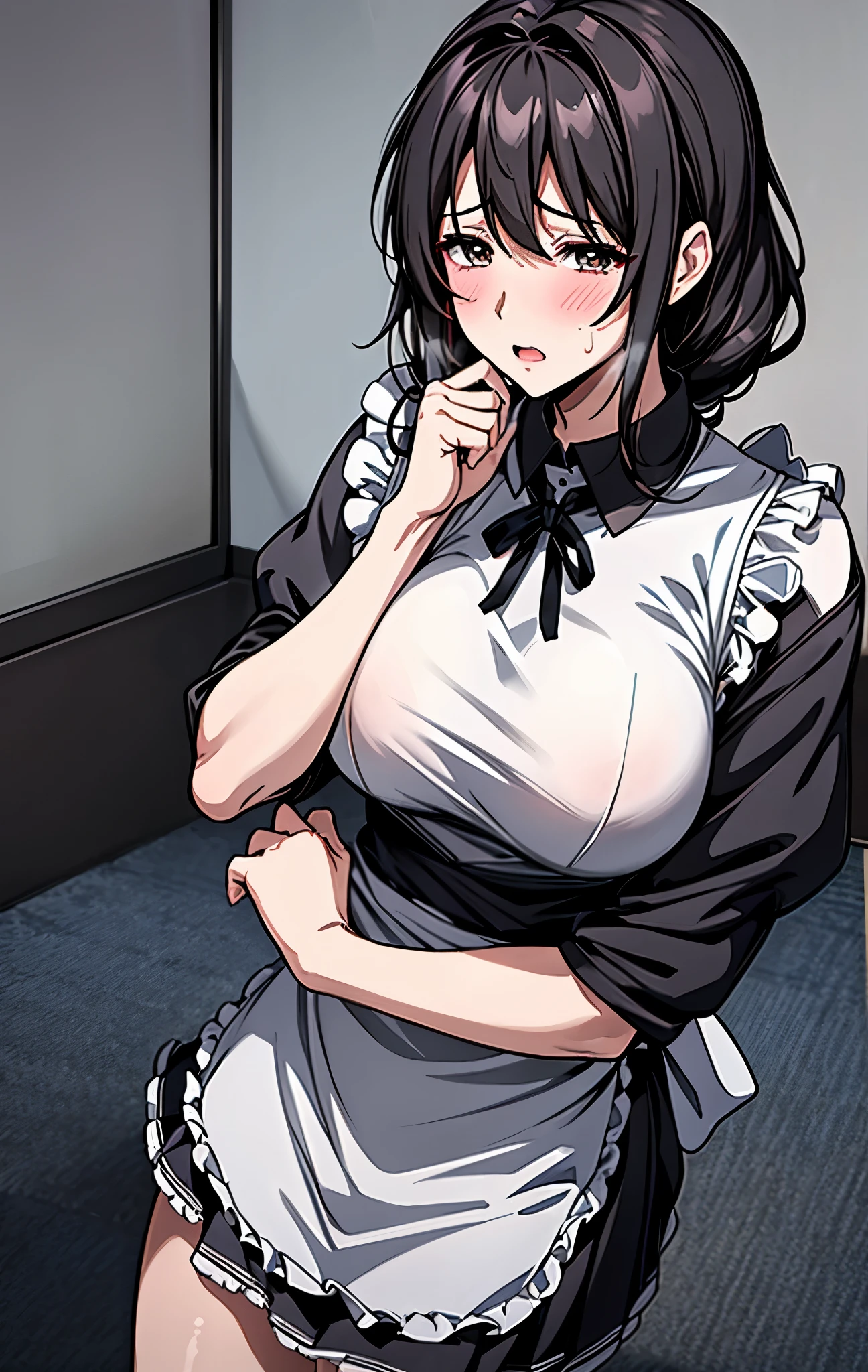Japanese、40age、Mature Woman、 black hair、Maid、黒Maid服、白Maidエプロン、miniskirt、I'm sweating all over my face、sexy look、fascinated eyes、