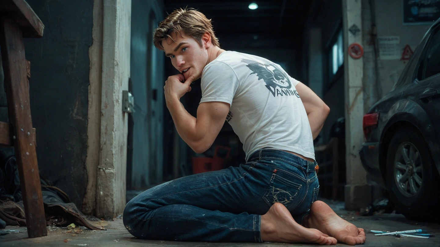 A young man with a frightened expression, He is wearing a casual t-shirt and jeans. His eyes are wide in terror, and he is sweating slightly. His body is turned slightly, as if he's hesitating to look back. Kneeling or sitting on the ground in the corner, looking pale and lifeless, with dark shadows under his eyes. His mouth is slightly open as if he is trying to say something, but no words come out. His expression is frozen in fear. His hand may be weakly pointing at Athip, warning him.in tha background large hotal