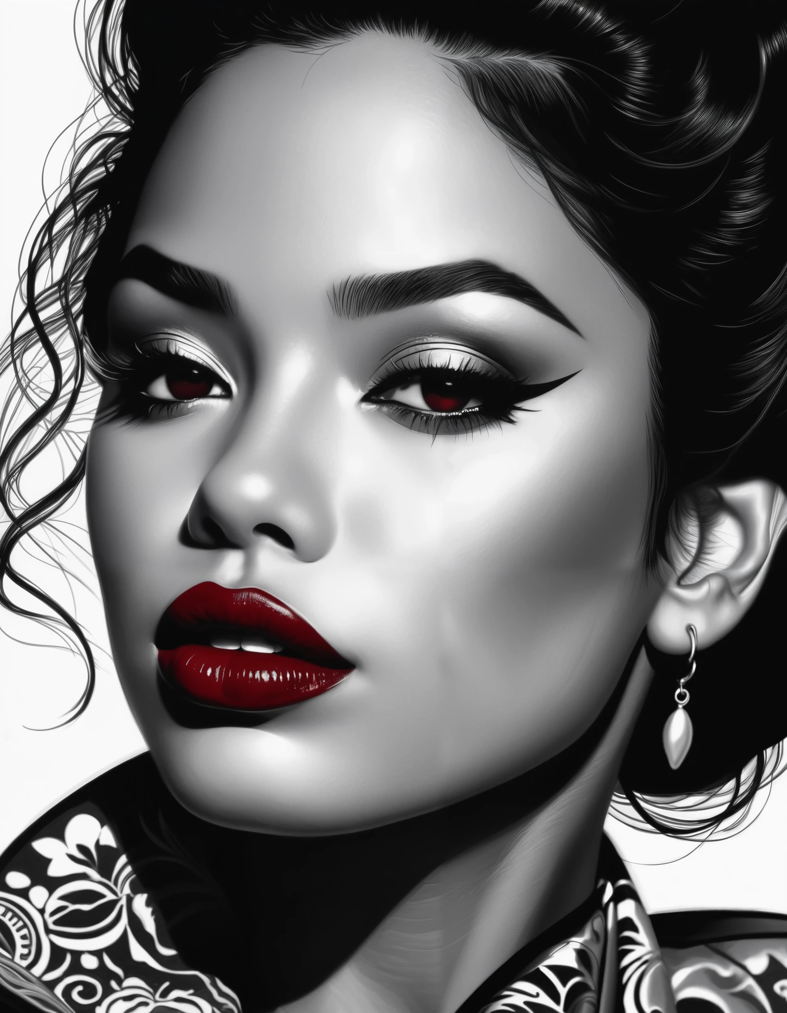 woman , fantasy, Beauty, in noir comic art style, realistic hyperdetailed portraits, black and white in shades of gray, Chicano art, dark cherry-red lipstick, realistic, but romantic, smooth lines --ar 23:36 --stylize 750