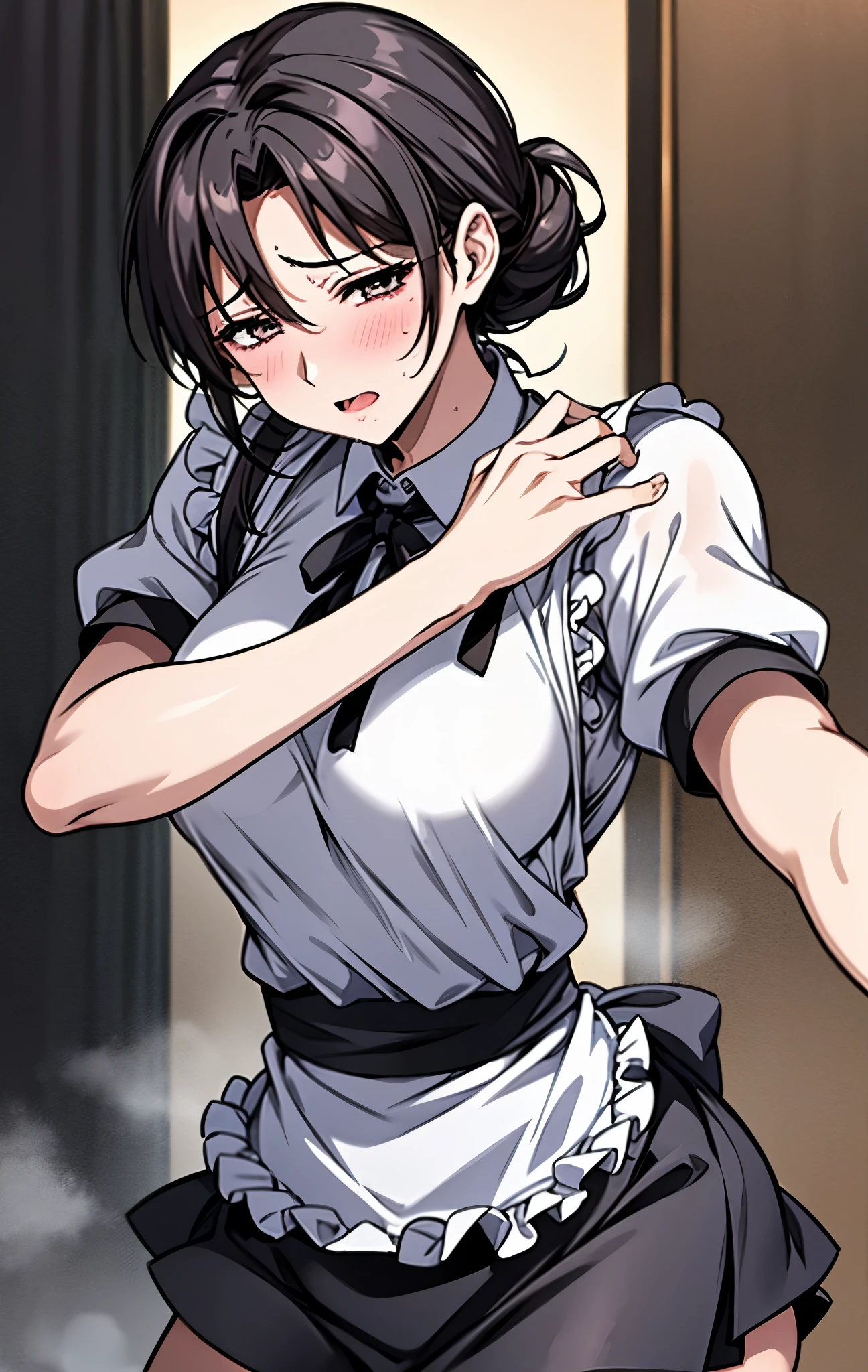 40age、Mature Woman、 black hair、Hair tied up、Maid、Maidキャップ、黒Maid服、白Maidエプロン、miniskirt、I'm sweating all over my face、sexy look、fascinated eyes、Stick out your tongue、and my whole body is sweaty。clothes are wet、 sweat dripping、Drooling、