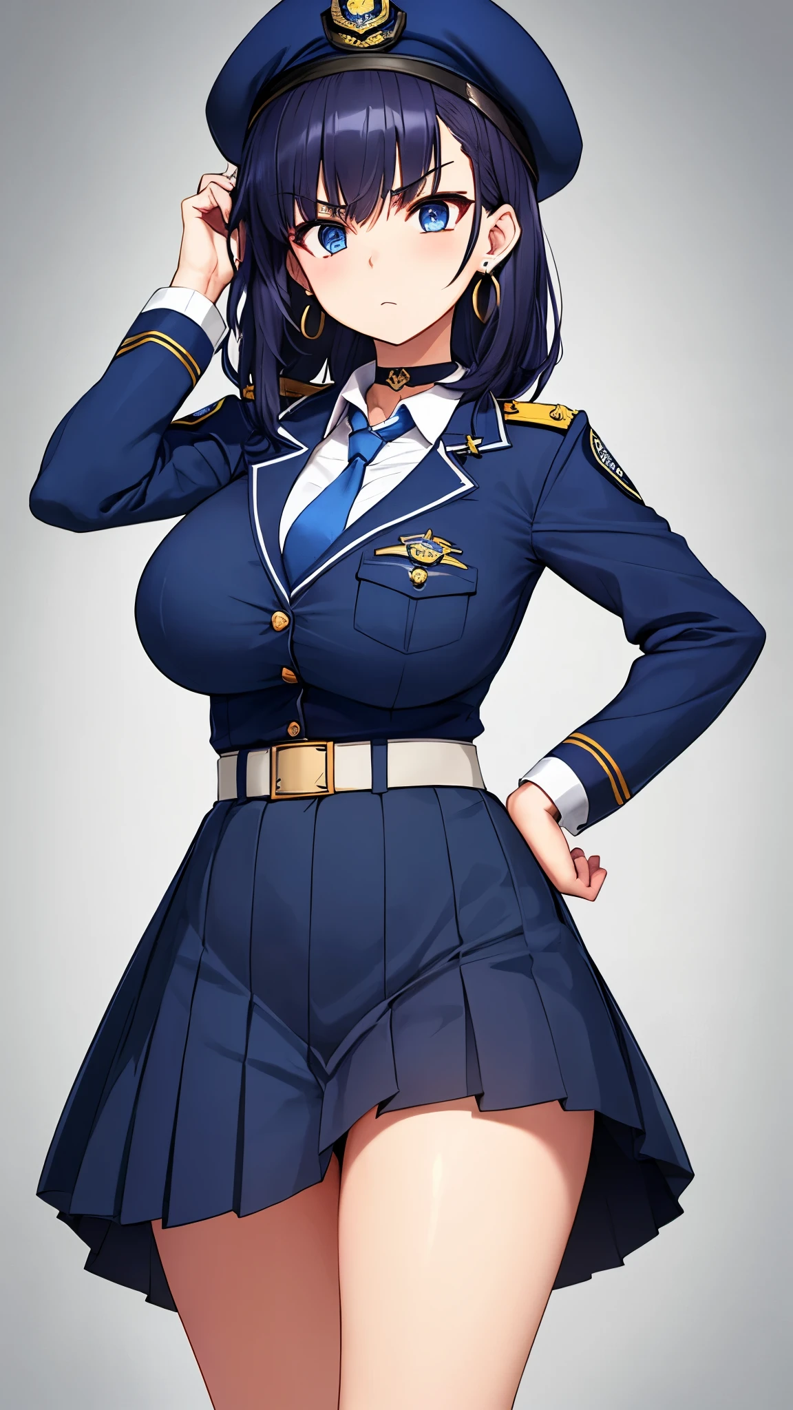  Female Boss,Years on,Black Hair,ponytail,Large Breasts,Cleavage,Jacket, White shirt, belt, uniform, Blue Skirt,  army, formal, blue Jacket,Pencil Skirt,Fishnet tights,Purple intricate lace and lingerie
