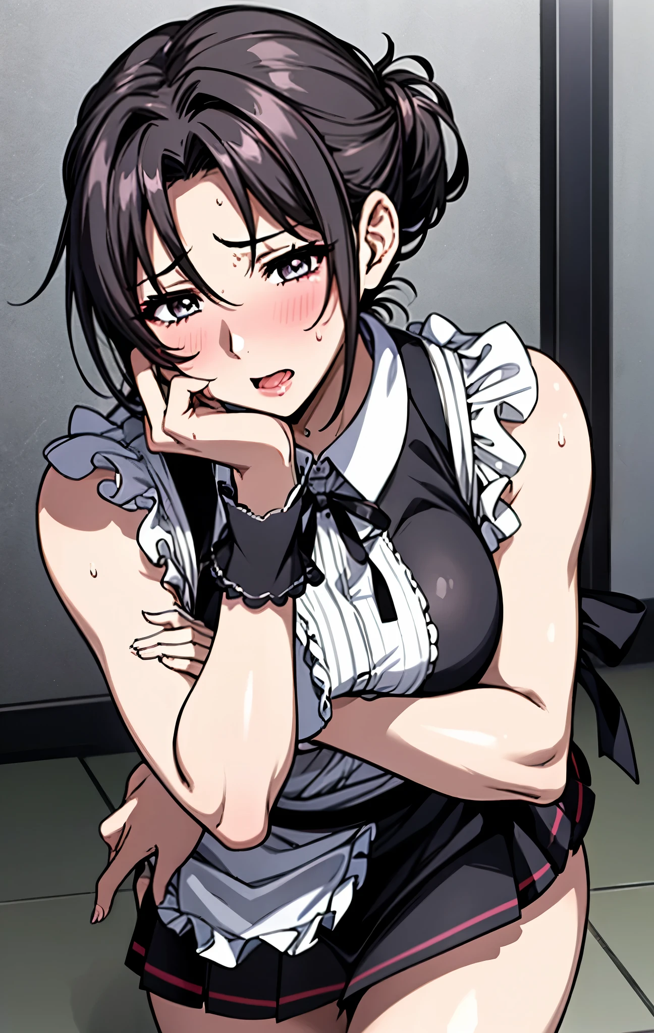 40age、Mature Woman、 black hair、Hair tied up、Maid、Maidキャップ、黒Maid服、白Maidエプロン、miniskirt、I'm sweating all over my face、sexy look、fascinated eyes、Stick out your tongue、and my whole body is sweaty。clothes are wet、 sweat dripping、Drooling、