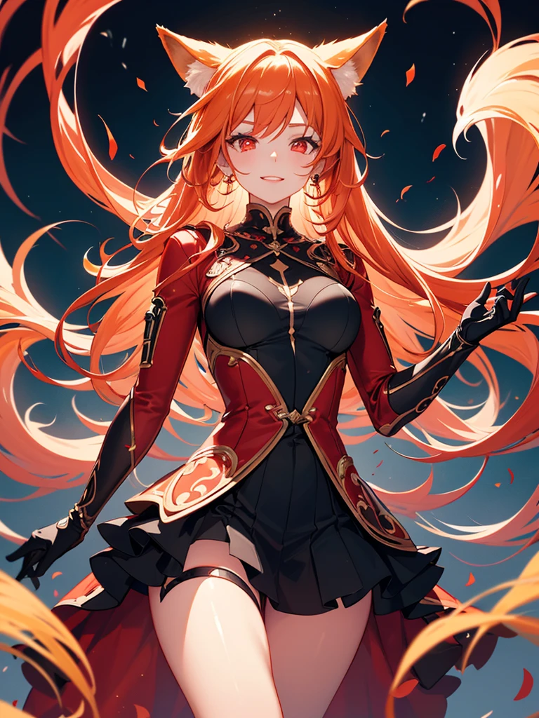 1girl, solo, from side, long red hair, green eyes with vertical pupil, fox ears, long black coat, fur hood, red fox tail, white tip, vertical scar on right eye, sharp teeth, wide smile, clenched teeth