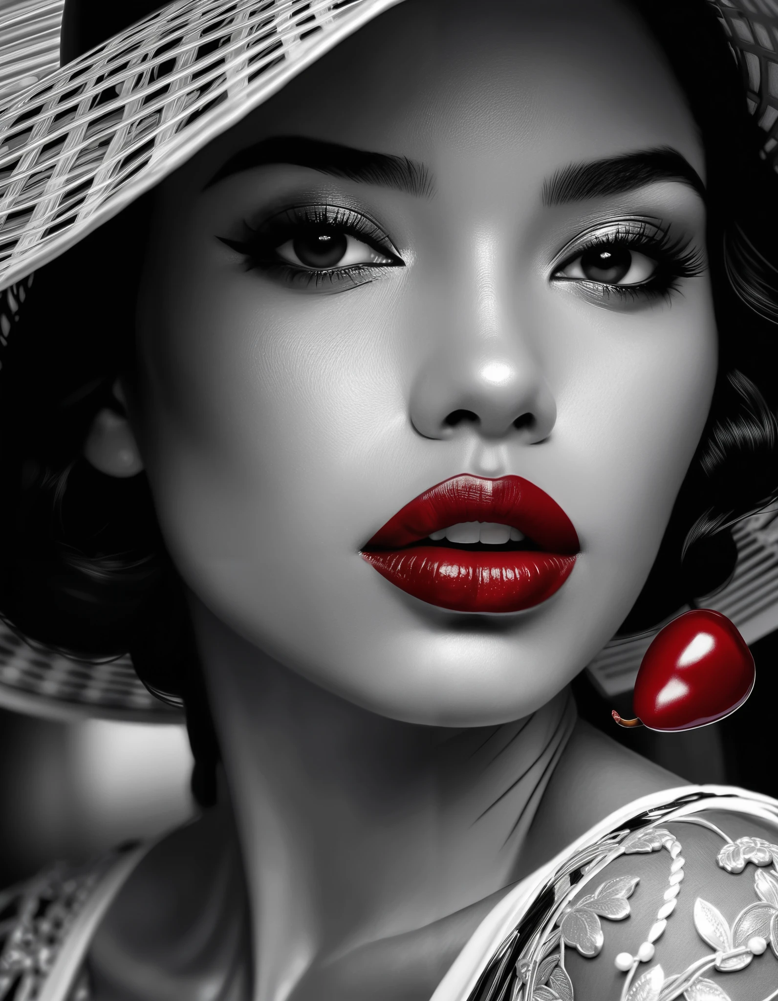 woman , fantasy, Beauty, in noir comic art style, realistic hyperdetailed portraits, black and white in shades of gray, Chicano art, dark cherry-red lipstick, realistic, but romantic, smooth lines --ar 23:36 --stylize 750