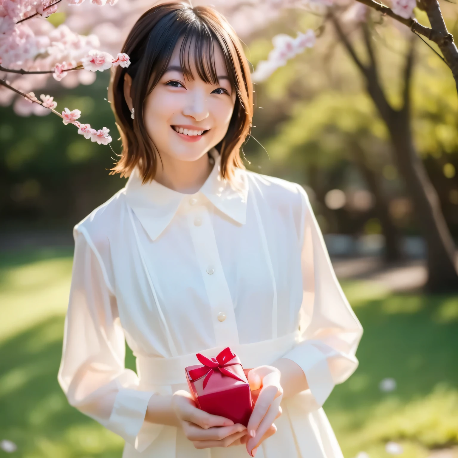 A breathtakingly beautiful 20-year-old woman stands in a lush park filled with cherry blossoms in full bloom beneath a clear blue sky. She wears a classic sailor uniform and gently holds a small, neatly wrapped gift box adorned with a red ribbon. Her radiant smile and joyful expression convey heartfelt happiness. Dark hair, Medium Hair, dark eyes.