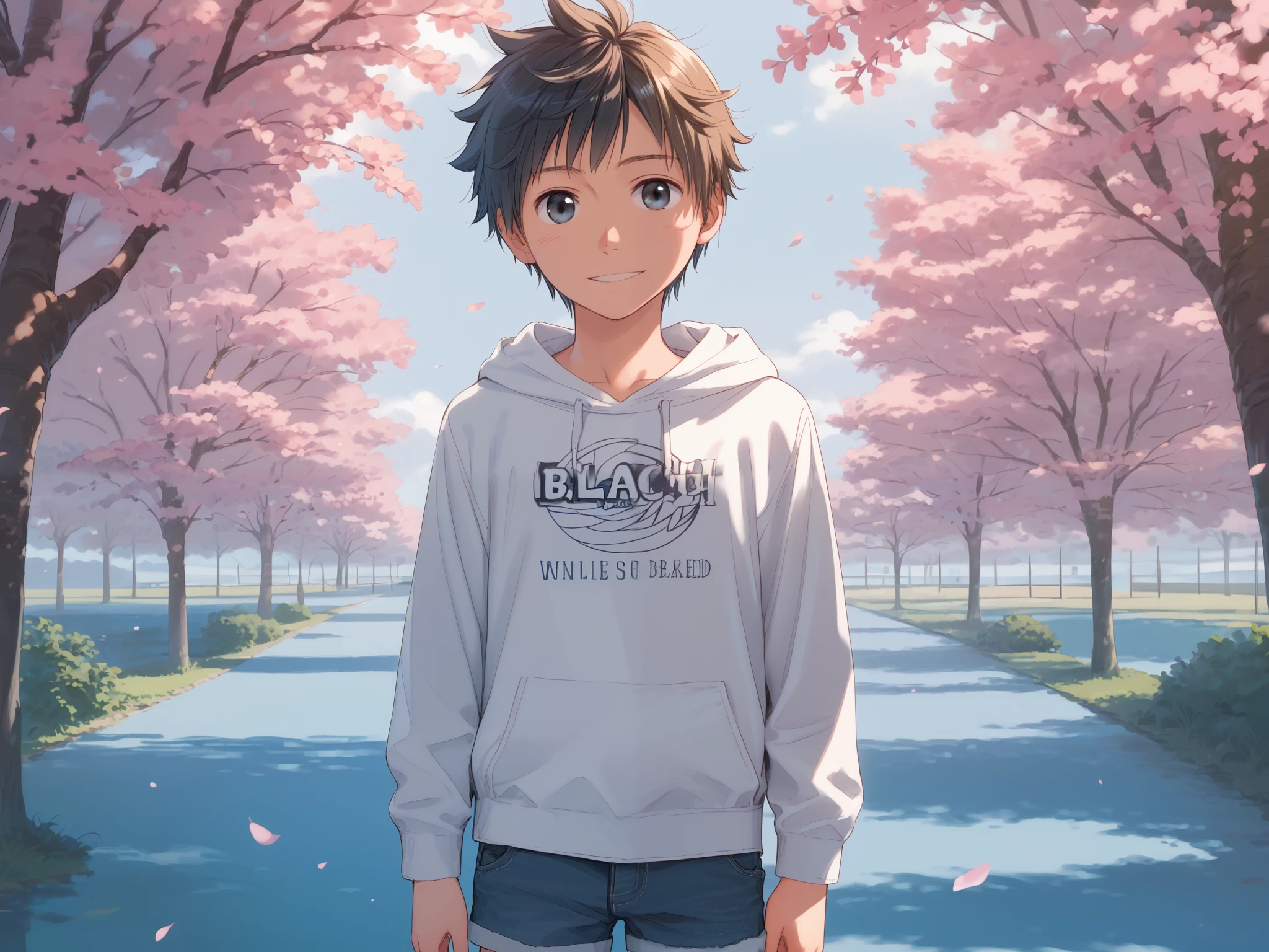 1 boy, (young boy), solo, cute, ikemen, (about ), (black short straight hair), (big eyes, clear eyes), happy smile, white long sleeve hoodie, bleached denim shorts, standing, looking at me, (beautiful detailed eyes, detailed hair, detailed face), (color, pastel colors), 8k, masterpiece, ridiculous resolution, super high resolution, ((detailed shading)), ((blooming cherry blossom tree background), ((Squating)), (pastel colors), from front view, cowboy shot,