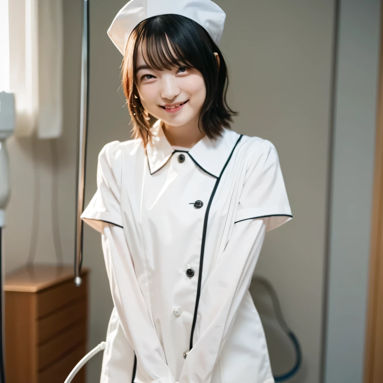 A breathtakingly beautiful 20-year-old woman stands in a warmly lit hospital room, dressed in a white mini-skirt nurse uniform with a matching cap. Her shy smile adds a touch of charm, while the surrounding medical equipment and furnishings create an authentic yet welcoming atmosphere. Dark hair, Medium Hair, dark eyes.