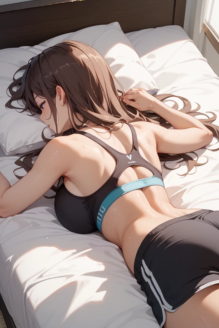 brown hair, Overwatch, D.VA, very long hair, Pink Headset, Dva Facepaint, hypnotic brown eyes, pupils sparkling, hands pushing against the wall, seductive smile, (Big ass), (thick thighs), from behind, from below, ((black bikini)), UHD, masterpiece, high details, high quality, best quality, highres, super close to perspective
