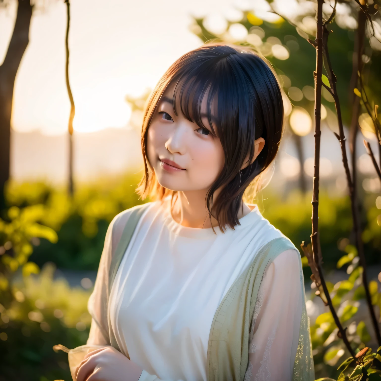 A breathtakingly beautiful 20-year-old woman stands in a lush green park at sunset, bathed in the warm golden light of the evening sun. Facing forward, her eyes gently closed, cheeks slightly flushed, and her face tilted upward as if anticipating a kiss, she embodies serenity and romance. The soft hues of the sunset complement the tranquil surroundings, enriching the dreamy atmosphere. Dark hair, Medium Hair, dark eyes.