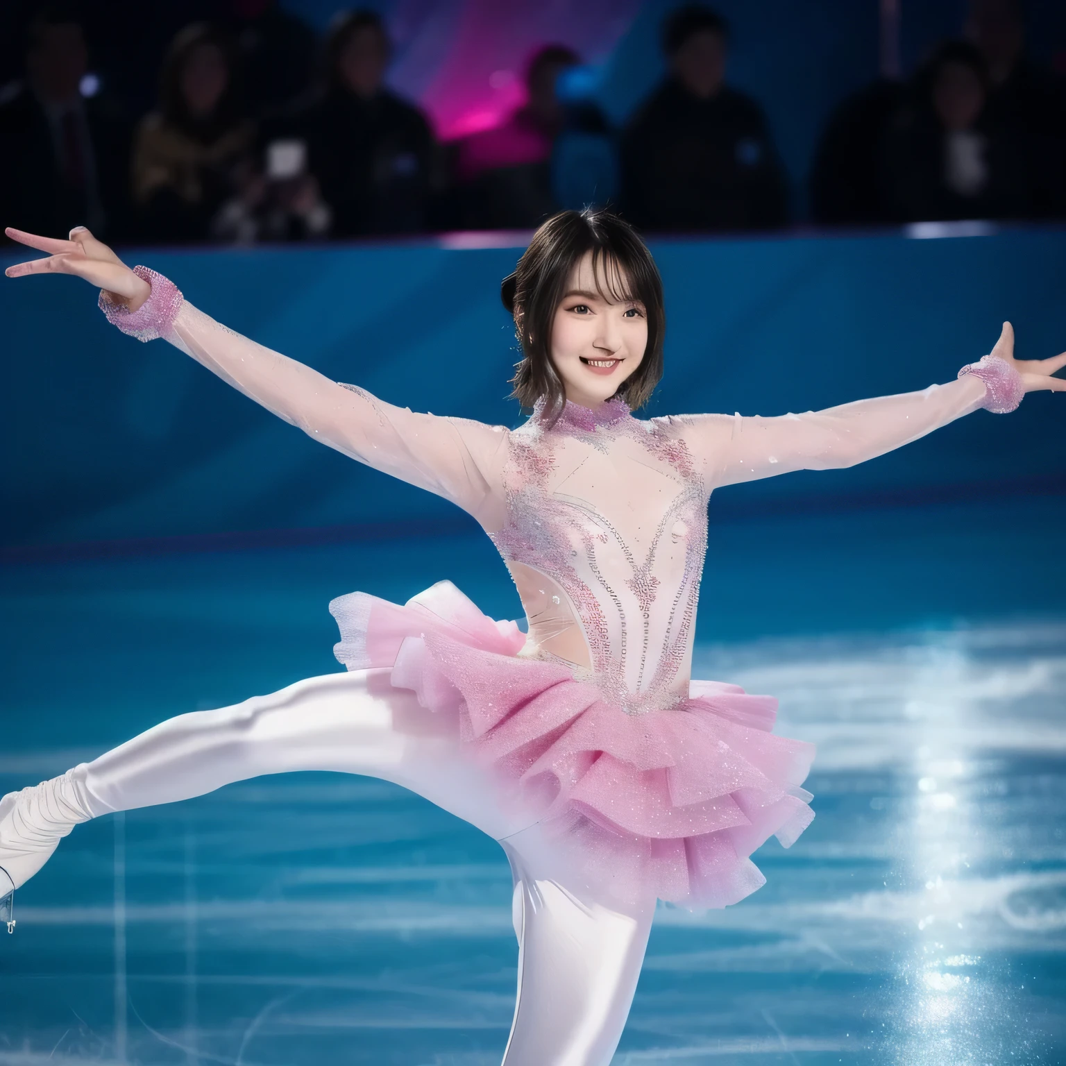 A breathtakingly beautiful 20-year-old woman glides dynamically across the ice rink, dressed in an exquisitely detailed and elegant figure skating costume. Her graceful movements exude both power and finesse as she carves intricate patterns into the ice. The soft arena lighting casts a gentle glow, highlighting the shimmering fabric of her outfit and the fluidity of her performance, creating a mesmerizing scene of beauty and athleticism. Dark hair, Medium Hair, dark eyes.