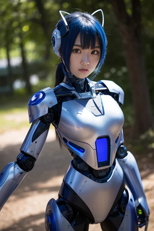 (plasticmodel:1.1) 1girl, solo focus, blue hair, blushing, close-up, detailed face, upper body, mecha_musume, mechanical arms, standing on the sidewalk in the city, (crowd in background), detailed background, depth of field, bokeh, photo background
