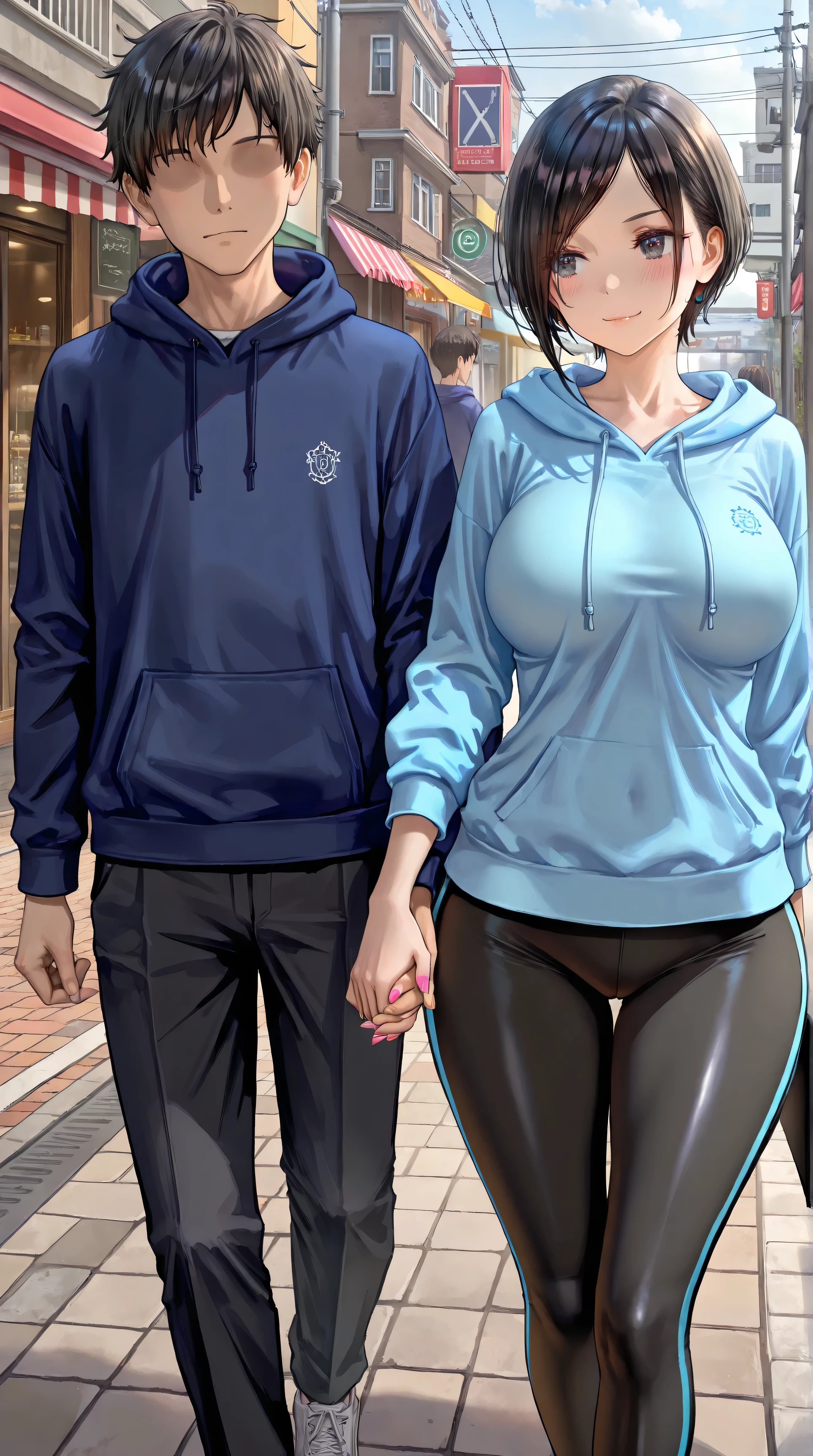 (1boy,her boy friend,faceless),1girl,serious smile,blush,mature female,physical education teacher,age23,black hair,very short hair,parted bangs,black eyes,round face,blue hoodie,black yoga long pants,wide hips,thick thighs,thick lip,outdoors,shop,street,standing,looking at side,large breasts,walking,nail polish,holding his hand,masterpiece,best quality,newest,highres,absurdres,very awa,shiny skin,chiaroscuro,kazuharu kina,(torino aqua:0.8),(fuzichoco:0.9),morikura en,(free style \(yohan1754\):0.9),as109,(wlop:0.8),realistic,