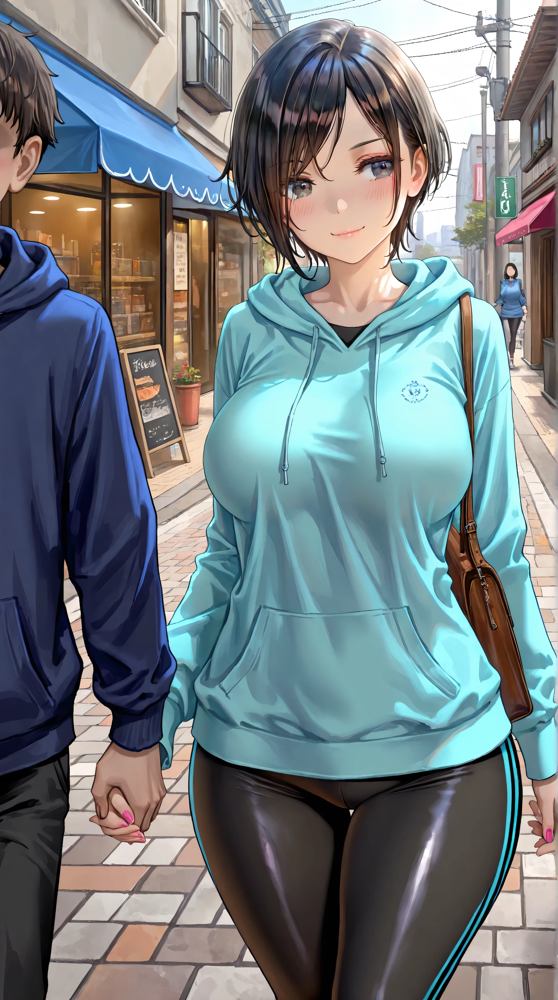 (1boy,her boy friend,faceless),1girl,serious smile,blush,mature female,physical education teacher,age23,black hair,very short hair,parted bangs,black eyes,round face,blue hoodie,black yoga long pants,wide hips,thick thighs,thick lip,outdoors,shop,street,standing,looking at side,large breasts,walking,nail polish,holding his hand,masterpiece,best quality,newest,highres,absurdres,very awa,shiny skin,chiaroscuro,kazuharu kina,(torino aqua:0.8),(fuzichoco:0.9),morikura en,(free style \(yohan1754\):0.9),as109,(wlop:0.8),realistic,