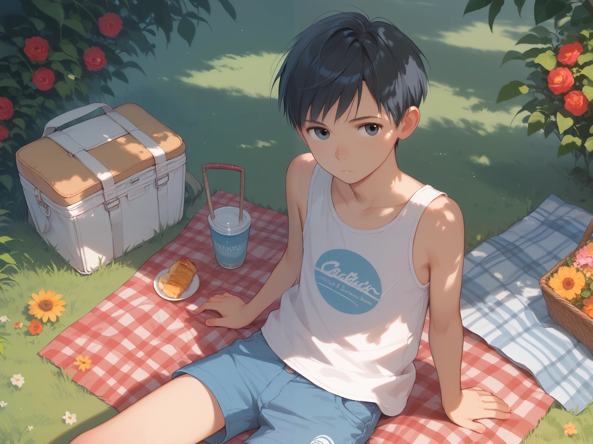 ((Masterpiece:1.2)), (Top Quality), (1boy:1.2), alone, (8--:), on the park lawn, sitting, picnic, picnic sheet, short hair, black hair, wearing a white tank top and cotton shorts, in front, from above, Extend one hand forward, expressionless, looking at me, cowboy shot, (perfect hands), (perfect anatomy),