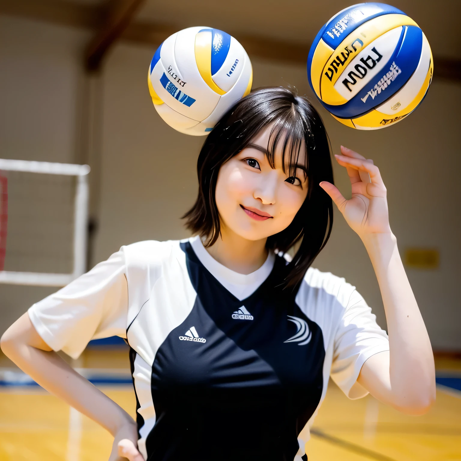 A breathtakingly beautiful 20-year-old woman soars into the air on a volleyball court inside a brightly lit gymnasium, preparing to spike the ball with precision and power. Her athletic form is accentuated by a sleek, form-fitting uniform, and her intense gaze remains locked onto the target. The polished wooden floor reflects the motion, enhancing the dynamic energy of the moment as she displays her skill and determination. Dark hair, Medium Hair, dark eyes.