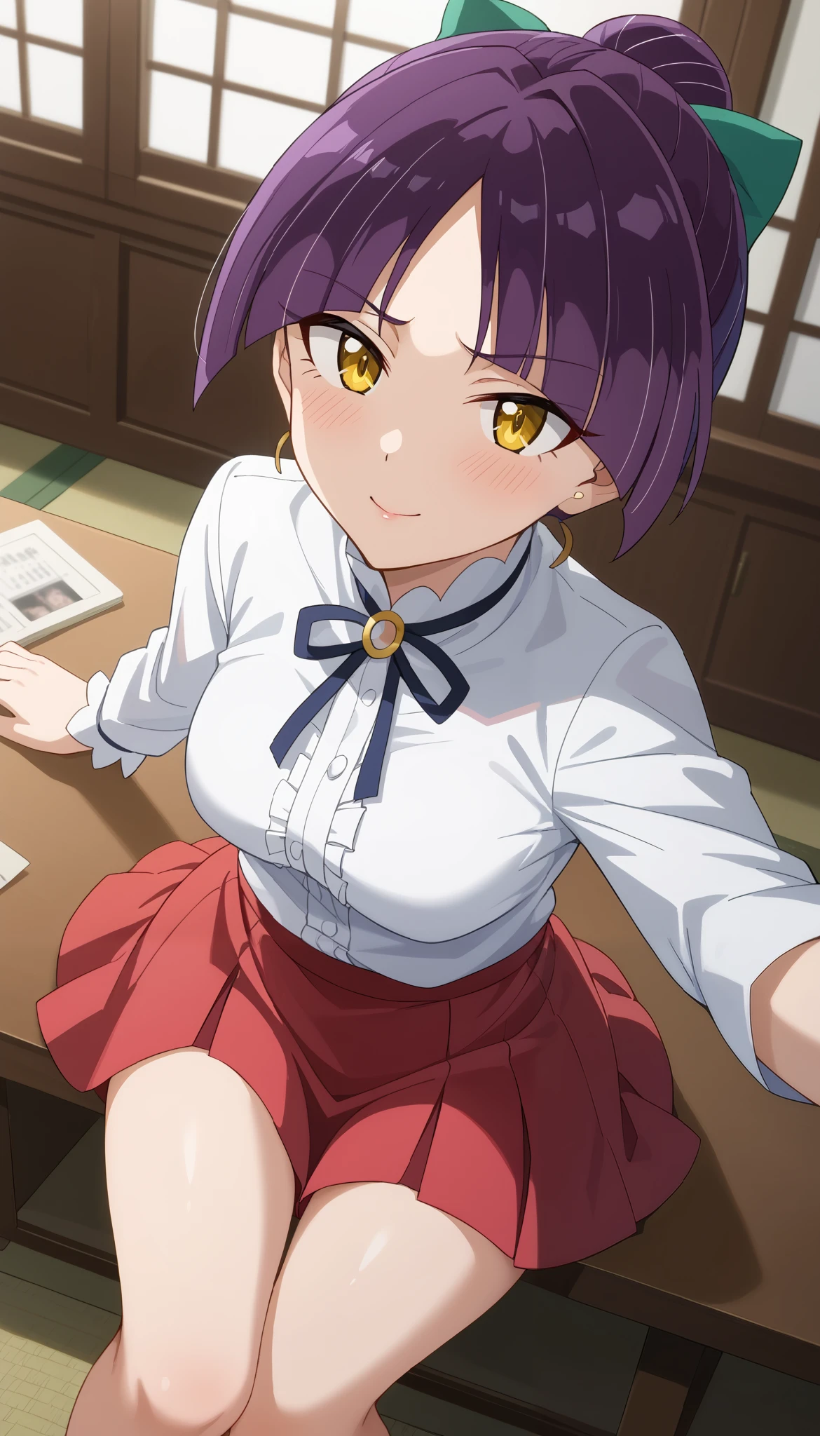 (((nekomusume [6th] (Gegege no Kitaro) )))、((Top angle))、(interior)、 orbital space、yellow eyes、Ulchan-6500-v1.1, ( RAW photos :1.2), beautiful detailed, Very detailedな目 美しい目, beautiful eyes、 file size is large, high resolution, Very detailed, Highest Quality, [masterpiece:1.6], Awareness-raising, Very detailed, CG, finely, Highest Quality, 8K wallpaper, perfect figure,【sexual excitement:1.6】、dynamic、Very detailed、 purple hair 、red skirt、Slim and beautiful thighs、Bare legs
