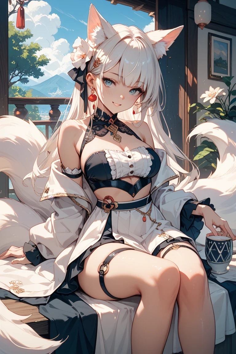 A werewolf with ears and tail, long white hair, honey yellow eyes, beautiful and voluptuous body, big chest, highly detailed eyes, high range of expressions, very realistic skin and textures, short, translucent white blouse, leaning on a chair, whole body, in an indoor garden, flowers of many colors, The best quality, High Definition, 8k, 4k, unsurpassed realism, very detailed background, wide neckline.