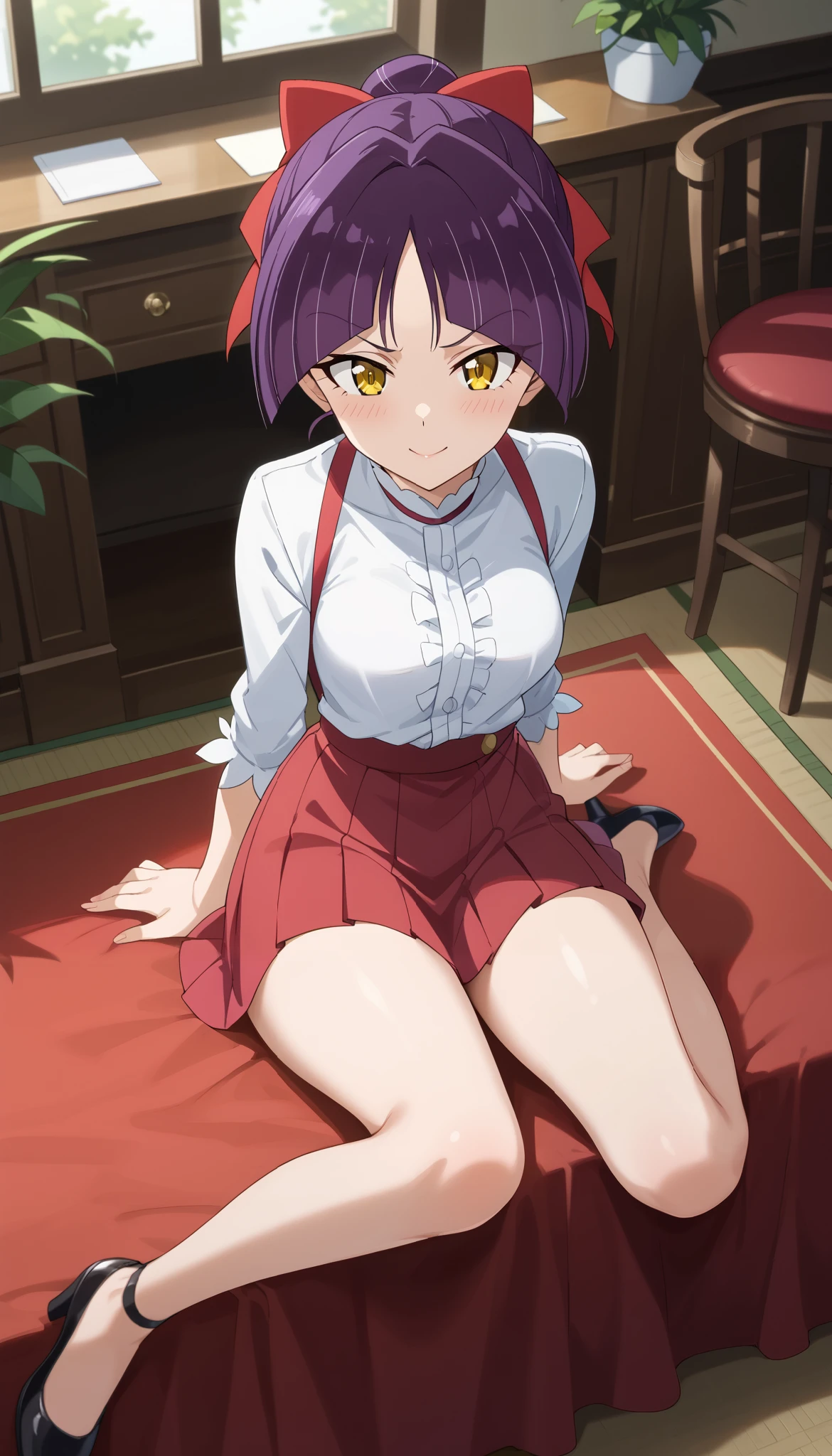 (((nekomusume [6th] (Gegege no Kitaro) )))、((Top angle))、(interior)、 orbital space、yellow eyes、Ulchan-6500-v1.1, ( RAW photos :1.2), beautiful detailed, Very detailedな目 美しい目, beautiful eyes、 file size is large, high resolution, Very detailed, Highest Quality, [masterpiece:1.6], Awareness-raising, Very detailed, CG, finely, Highest Quality, 8K wallpaper, perfect figure,【sexual excitement:1.6】、dynamic、Very detailed、 purple hair 、red skirt、Slim and beautiful thighs、Bare legs