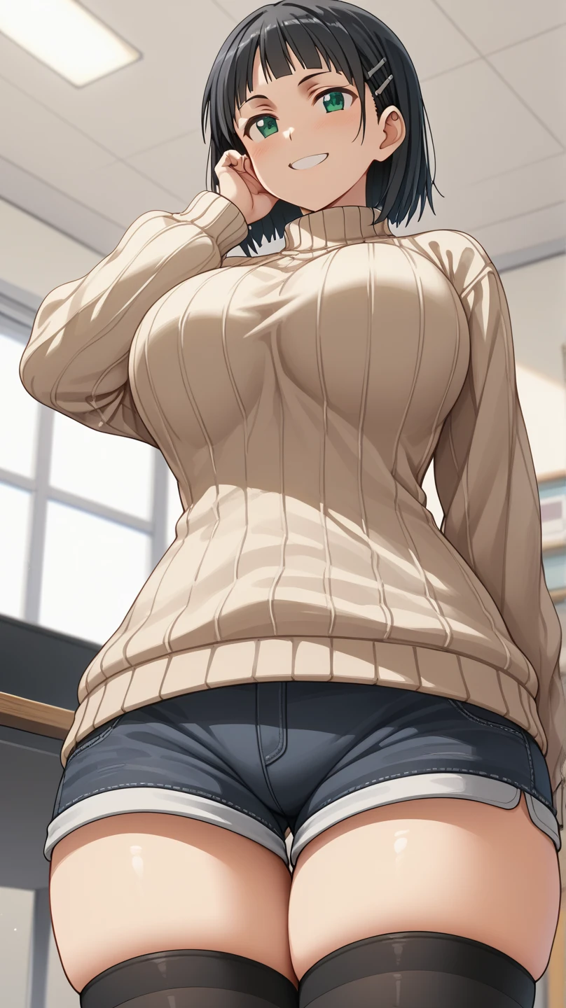 (masterpiece、Highest quality)、Highest quality, Ultra-high resolution, (((masterpiece))), alone, Sweat、Big eyes, Composition from the front、short hair、both ears、Embarrassed face、Blonde Hair、School classroom、Sailor suit、Upper body naked、Breasts exposed、Nipples、Large areola、belly button、skirt、Upper body close-up、Sit with your legs apart、panties、Pussy Line、Browsing Caution