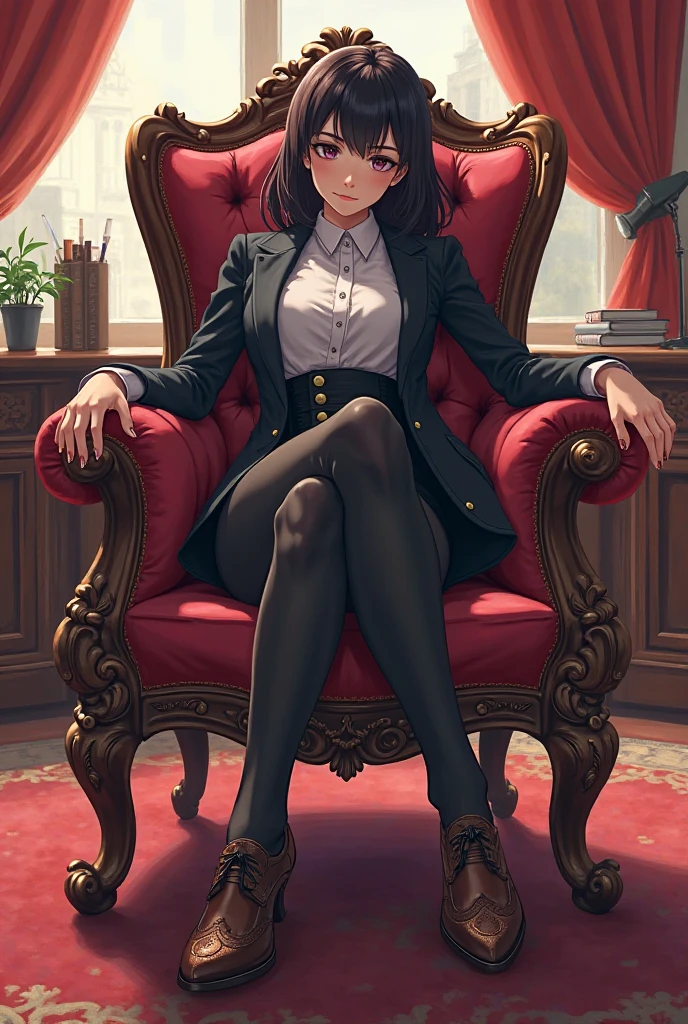 16k, award-winning photos, extremely detailed, amazing, fine details, ridiculous, 20 years old, sexy theme, high detail, extremely detailed eyes and face, glare eyes, ((((black pantyhose)))), (((short skirt))), (suit))), good hips and long legs, beautiful face, perfect face shape, perfect body, oversize model, mature woman, (((high and long legs))), (((very large breasts))), perfect to wear tight, simple clothes, high heels, photography 4 Kodak Portra 400 camera F1. 6 colorful lenses, ultra-realistic textures, dramatic lighting IrrealEngine ArtStation Cinestill 800 Tungsten Lamp on the trend, ((((full))), there is a woman sitting in a chair in the room, Masterpiece: 1.2, best quality, Ultra high resolution, realism, ultra-realistic detail, clear focus, (real pictures, fine production, depth of field), solo, beautiful girl, masterpiece: 1.2,