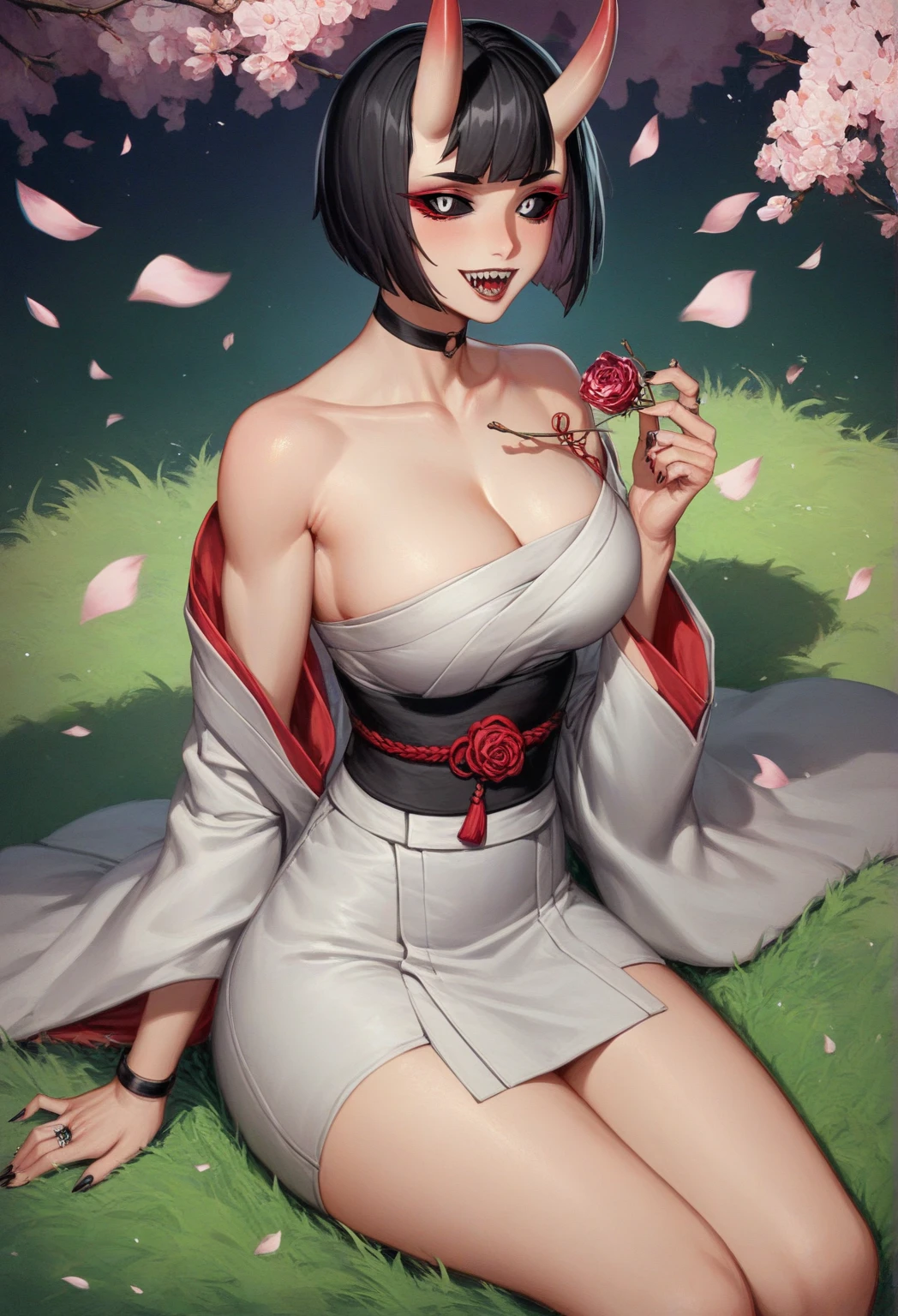 (best quality) A yakuza woman in a sexy red kimono with short black hair parted to the side covering her right eye surrounded by spider lilys holding a knife