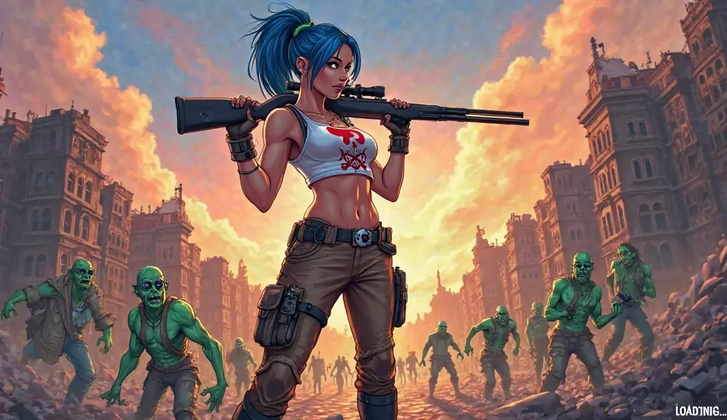 Imagine an epic war scene, where a fearless woman with long blue hair riding a Harley Davidson-style motorcycle is the center of attention. Ela usa uma camisa regata branca rasgada quase mostrando, manchada de sangue, and a worn pants with a military color scheme. The expression on the woman's face reveals her courage, but also a hint of fear. She is loaded with ammunition belts and a pistol on her thigh, pronta para lutar. Ao fundo, The scenery is chaotic, with gunshots and bodies strewn across the ground. Menacing monsters complete the gloomy landscape. A vista frontal captura toda a grandiosidade desse momento, allowing the observer to appreciate the woman's determination and the frightening context of the war.