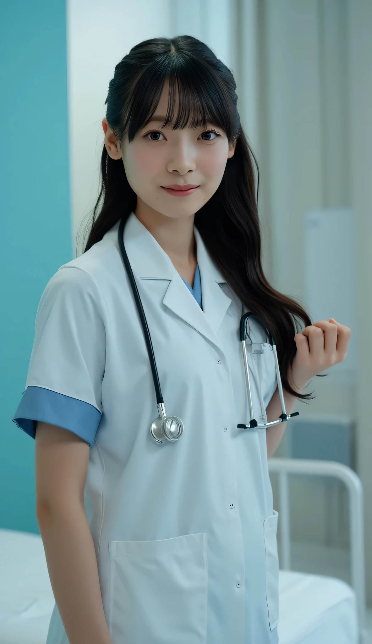female 1 person, high resolution, masterpiece, 最high quality DVD, high quality DVD, High detail, summer white very detailed, textured skin, super accurate, Slightly derogatory expression、Aperture F2.8, door ,, Portrait Photography, 20th generation, black hair, anatomically accurate,、 photo quality ,、long hair、fair、 nurse clothes、 nurse、 standing by the bed 、I have medical records