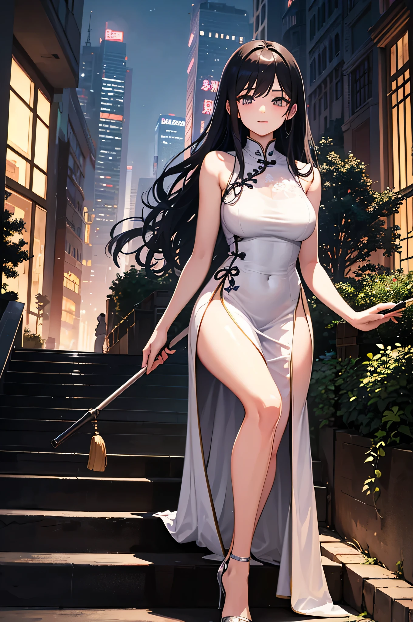 Best quality, 4k, high resolution, body stuck dress, perfect smile, gorgeous, light skin, (ahegao face) ,black hair, wearing bodystuck long dress,(long sheeves), clothes are stuck in body, bodyfit outfit,1 girl, solo, seductive look, elegance and charm, (masterpiece, best quality, high resolution), looking at the viewer, standing, (intricate and beautiful:1.2), (detailed light:1.2), (soft light, side light), (high resolution textures) , holding leash in hand(chain leash), outdoor, Burmese girl,wearing bodcorn dress(white colour) with pink line ,wearing gorgeous jewelary, wearing harness over the outfit ,outdoor background, sun light, attractive, sexy, mature and hot, young,(masterpiece:1.3), (disorganized:1.3), (highest quality:1.3), perfect anatomy, detailed face, front view, perfect right hands, looking at viewer, (Super detailed:1.3), (best shadow:0.7), (treated hair), fine eyes, beautiful eyes, young aged woman, alone, standing, crystal earrings,closed_mouth, , outdoors,Thick thighs, arrogant face, small 