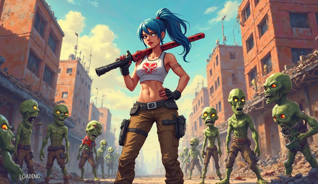 Imagine an epic war scene, where a fearless woman with long blue hair riding a Harley Davidson-style motorcycle on a damaged road is the center of attention. Ela usa uma camisa regata branca rasgada quase mostrando os seios, manchada de sangue, and a worn pants with a military color scheme. The expression on the woman's face reveals her courage, but also a hint of fear. She is loaded with ammunition belts and a pistol on her thigh, pronta para lutar. Ao fundo, The scenery is chaotic, with gunshots and bodies strewn across the ground. Menacing monsters complete the gloomy landscape. A vista frontal captura toda a grandiosidade desse momento, allowing the observer to appreciate the woman's determination and the frightening context of the war.