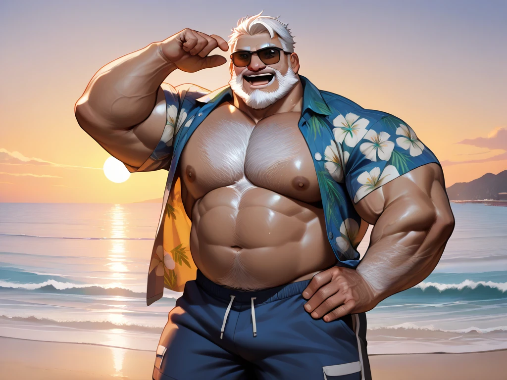 1boy, 1man, solo. beach, extremely huge muscular, massive muscular, full-body , (topless, shirtless, shorts), well-muscled old man. ((extremely muscle size, super thick arms, huge pec, extremely wide pectoral , huge arms)), wide smiling. Add textures and details to make the image more realistic, such as the appearance of the. Make sure the resulting image is high resolution, 8K quality