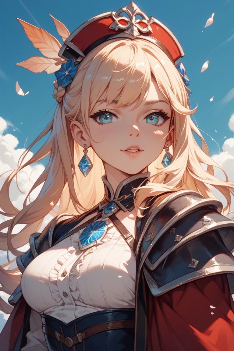 best quality,masterpiece,ultra-detailed,1girl,mature female,upper body,paladin,medium breasts,cleavage,blond hair,detailed face,blue eyes,white armor,fantasy background,depth of field,flag in background,looking at viewer,motion blur,dynamic angle,
