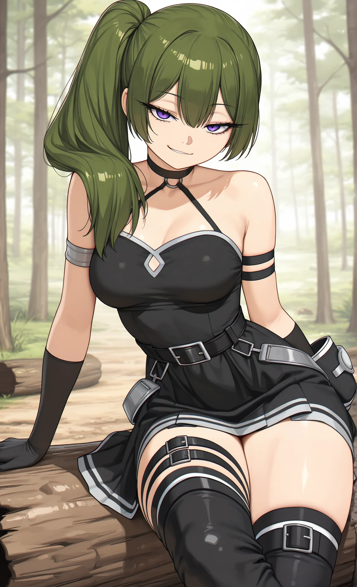 ((übel)), ((sousou no frieren)), ((masterpiece)), ((high resolution)), ((solo portrait)), {(attractive figure), (medium breasts), (detailed thighs), (beautiful legs), (green hair), (side ponytail), (lidded eyes), (cute purple eyes), (long eyelashes), (cute smirk), (relaxed look)}, {(black dress), (waist belt), (black arm band), (black glove on right hand), (black choker), (thigh belts), (black boots)}, {(sitting on log), (crossed legs), (looking at viewer)}, ((forest, ((walkway))